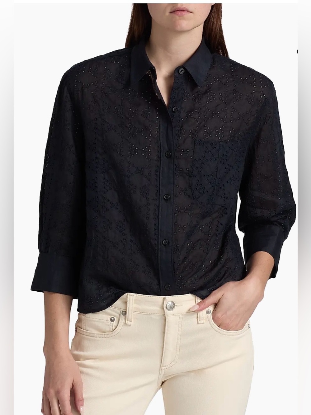 Embroidered Sheer Button-Up Shirt in Black